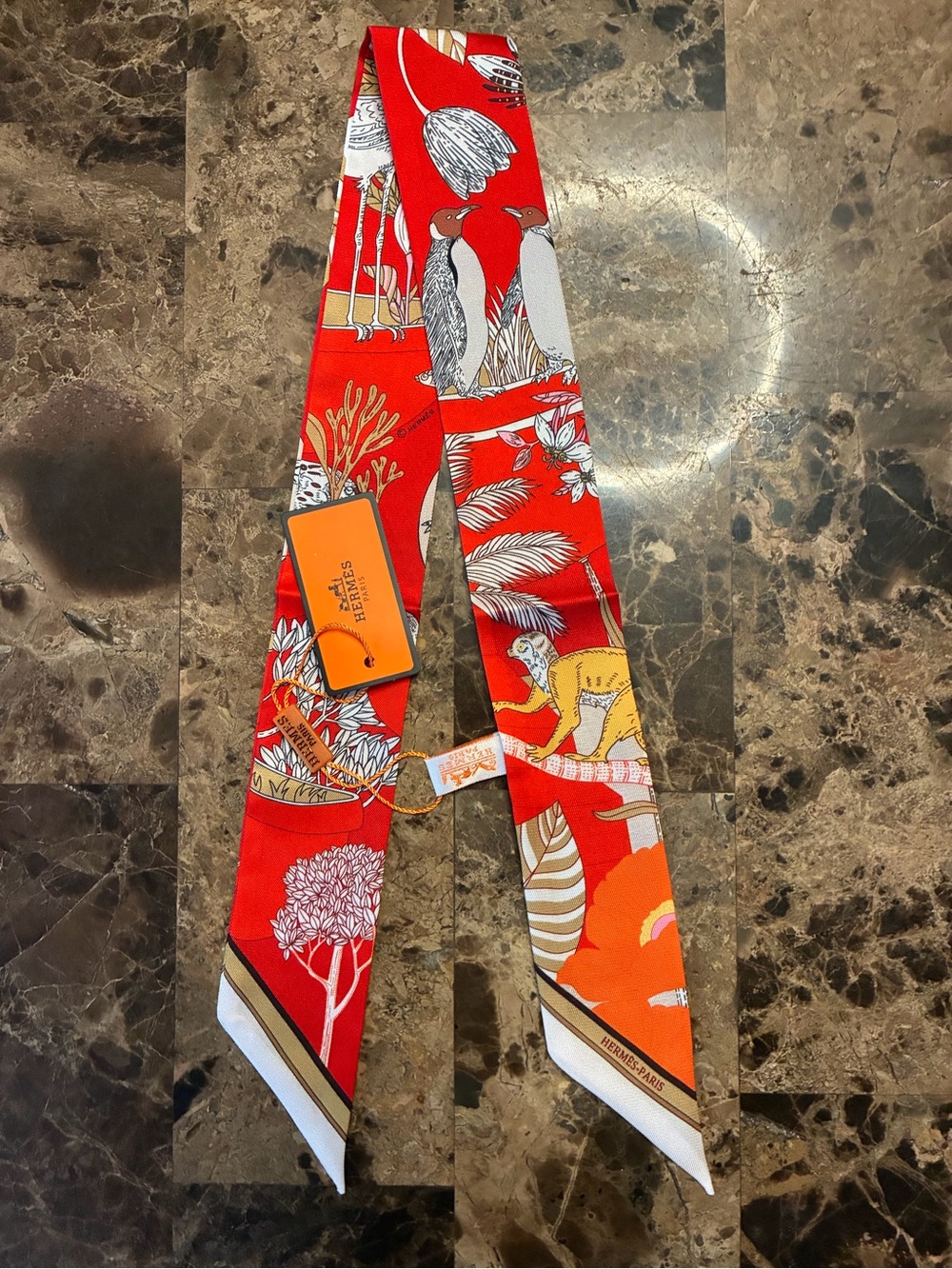 Hermes. Precious Paradise Twilly Scarf Red Multi Birds Monkey Floral 100% Silk